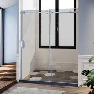 60 in. W x 76 in. H Soft-Closing Double Sliding Semi-Frameless Shower Door with 3/8 in. Clear Glass in Silver