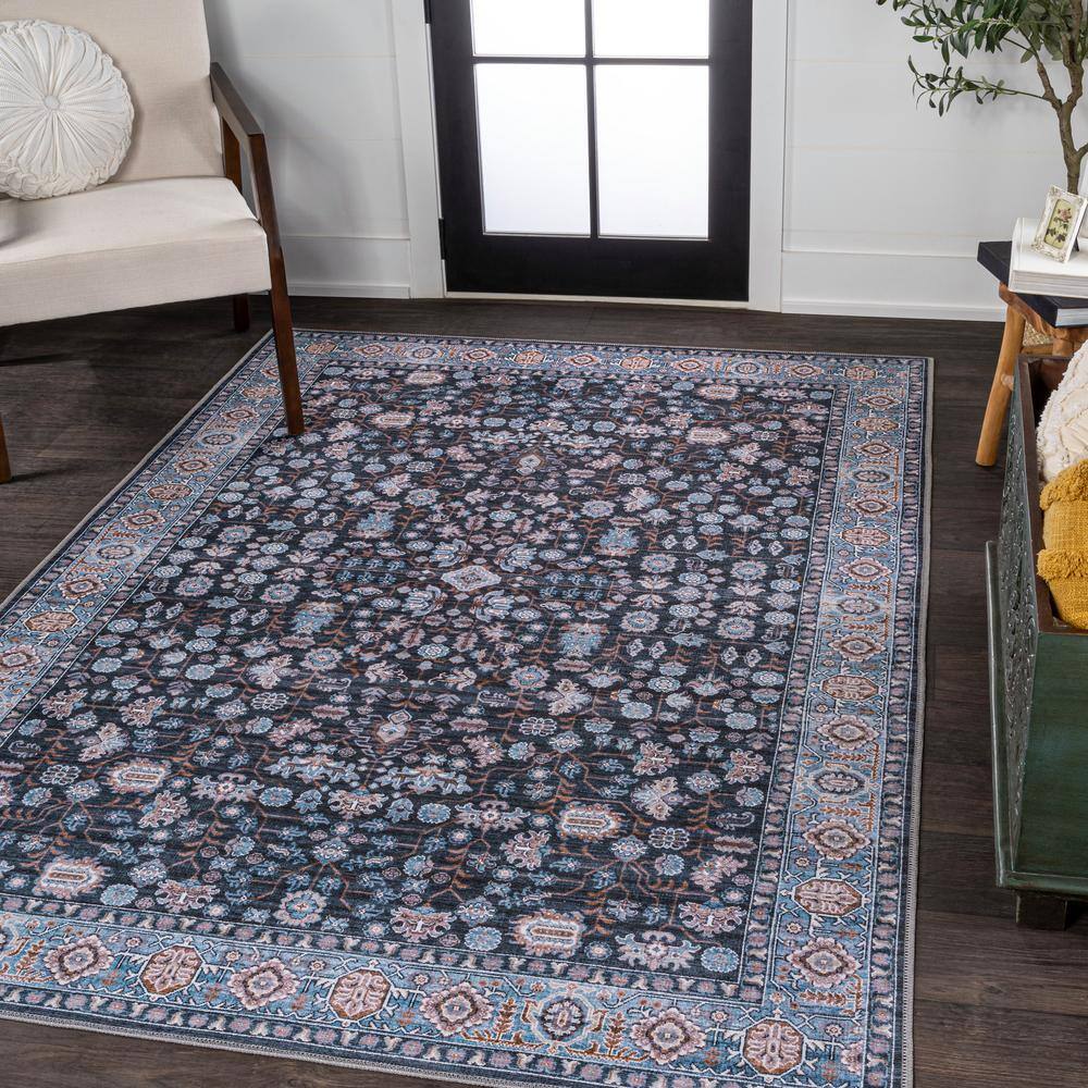 Kemer Black and Blue Washable Synthetic Persian Area Rug