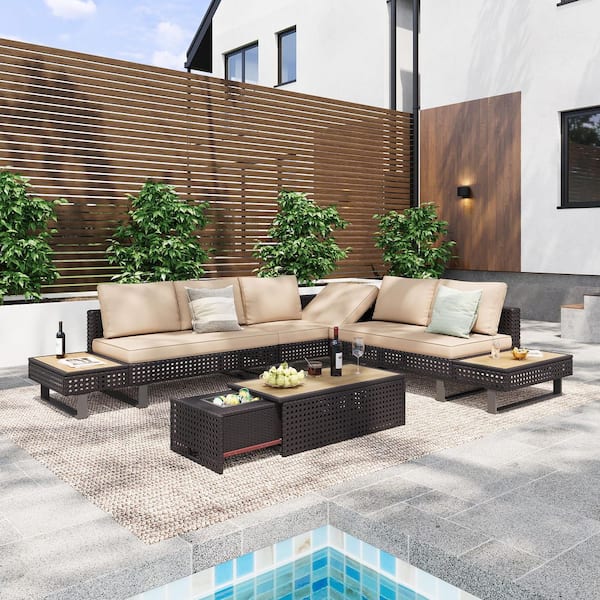 Cesicia 6-Piece Diamond Weave Wicker Outdoor Sectional Set with Extendable Table and Khaki Cushions
