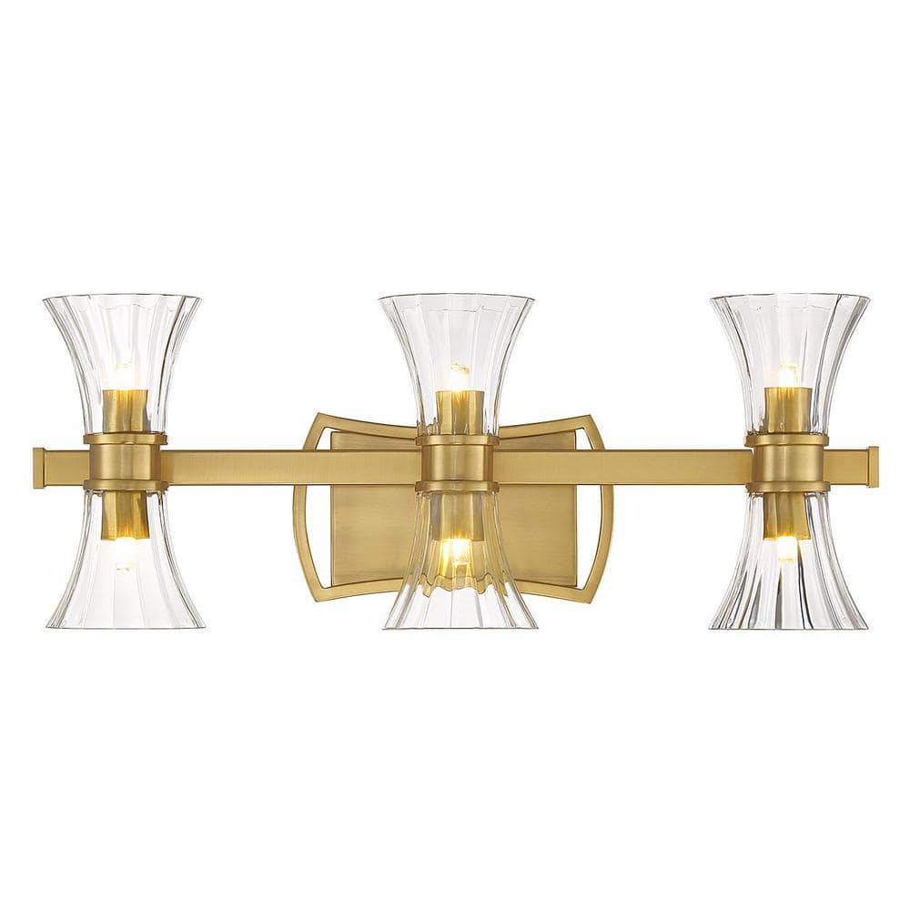 Warm Brass 6-Light Vanity with Clear Ribbed Glass Shades