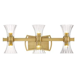 Bennington 24 in. 6-Light Warm Brass Vanity Light with Clear Ribbed Glass Shades