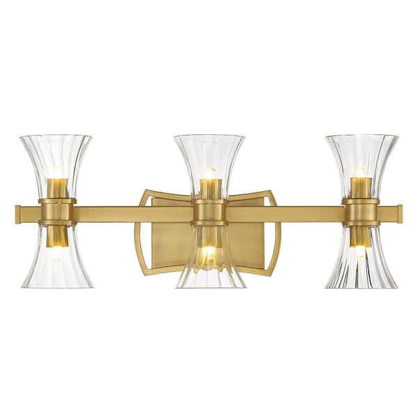 Bennington 24 in. 6-Light Warm Brass Vanity Light with Clear Ribbed Glass Shades