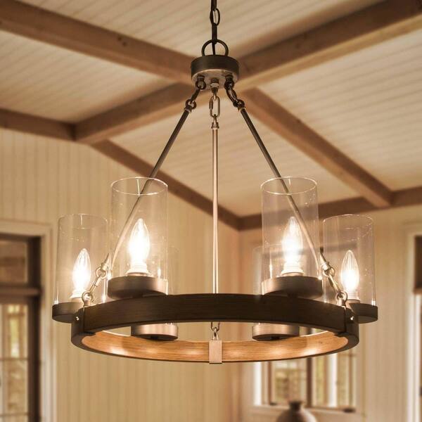 LNC Textured Brown Round Chandelier, 6-Light Brushed Silver Wagon