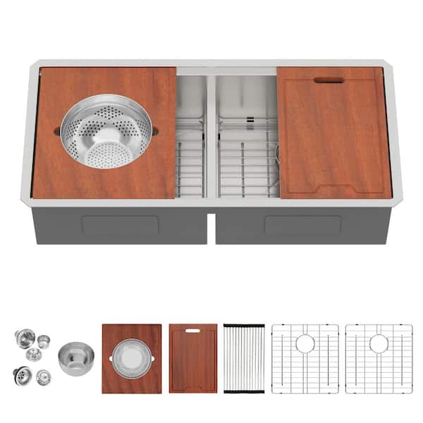 39-inch Double Bowl Undermount Kitchen Sink with Drain, Stainless Steel (50/50) Workstation Kitchen Sinks Brushed Nickel