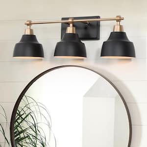 Modern Black Bathroom Vanity Light with Gold Arm, 24.5 in. 3-Light Metal Bell Bath Wall Sconce for Arched/Round Mirror