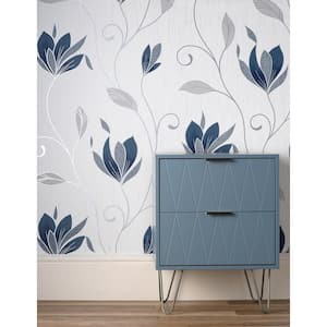 Synergy Navy Floral Metallic Non-pasted Paper Wallpaper