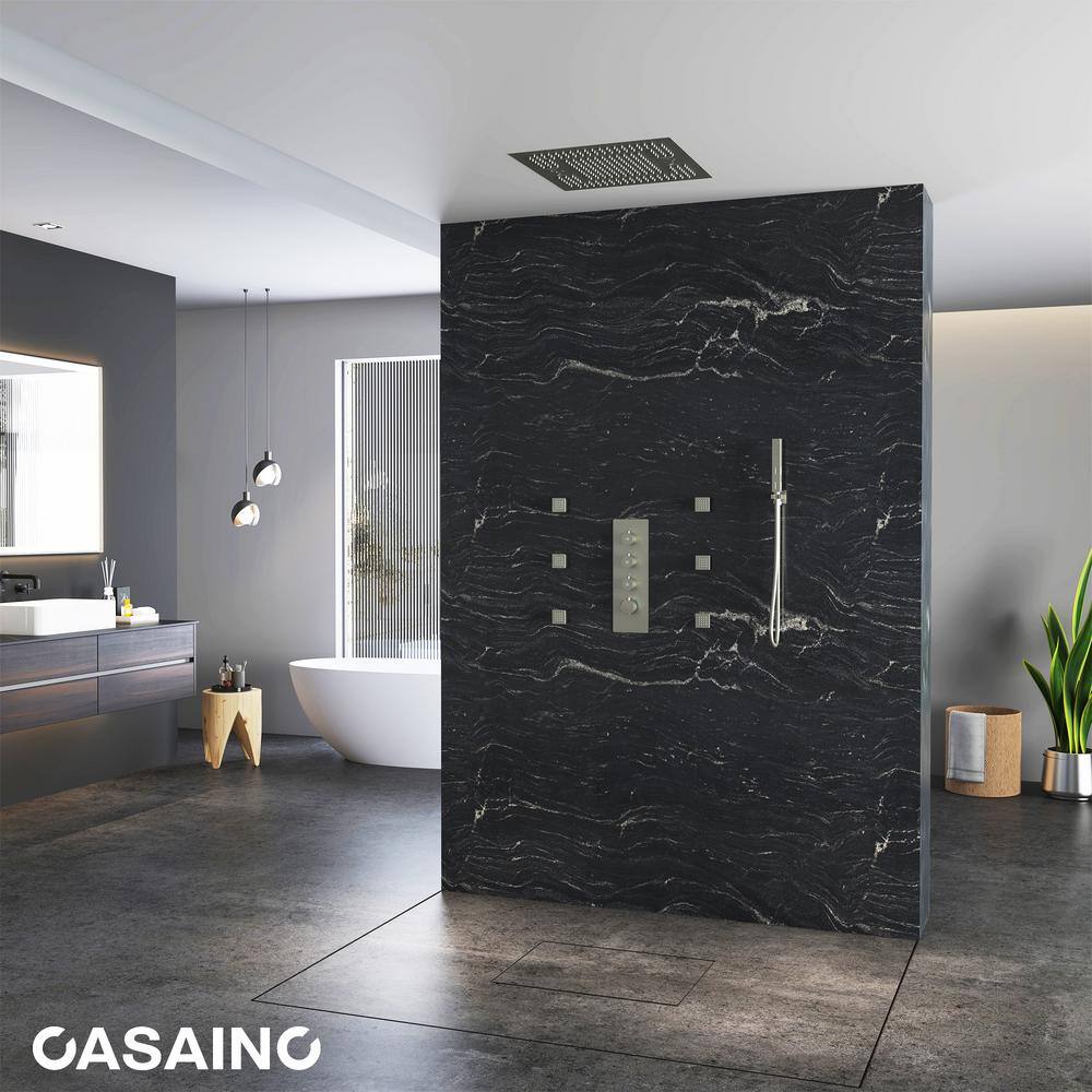 Brushed Nickel Square LED Rain Shower System with Handheld and Bluetooth Speaker