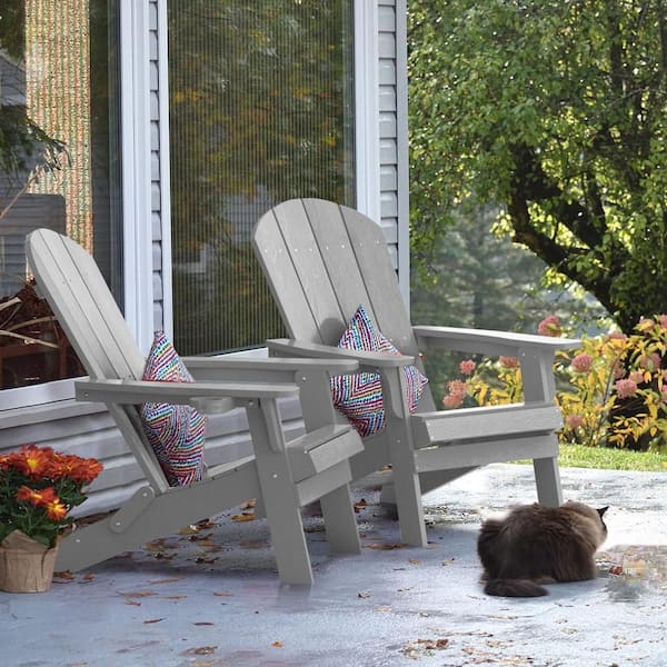 Grey Plastic Outdoor Folding Adirondack Chair with Cup Holder