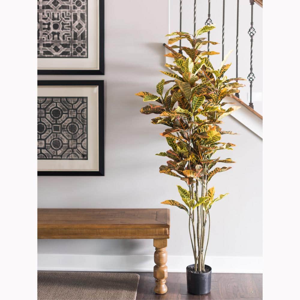 6' Green and Orange Faux Croton Tree in Black Planter