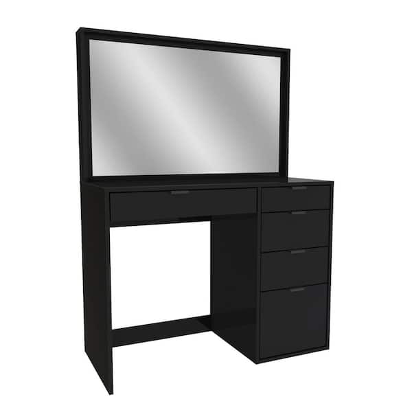 K1 INTERNATIONAL GROUP L Manhattan Black Makeup Vanity Dressing Table, 5- Drawer, Storage Niche, Aluminum Handles