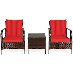 3-Piece PE Wicker Steel High Back Outdoor Sofa Set Patio Conversation Set with Red Cushions and Coffee Table