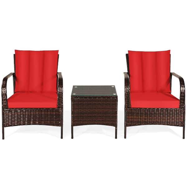 FORCLOVER 3-Piece Wicker Patio Conversation Set with Red Cushions and Glass-Top Table