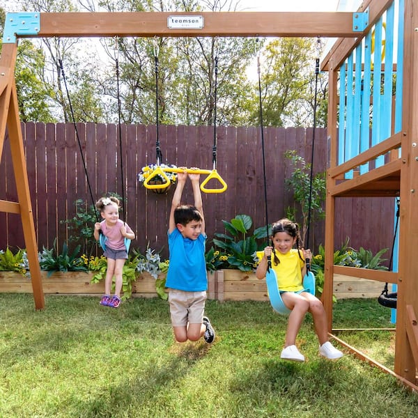 Teamson Kids Laguna Wooden Playset with Belt and Web Swing Slide