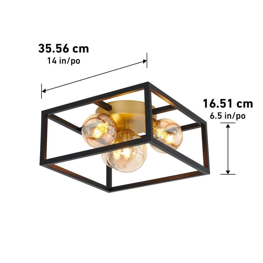 Modern Matte Black and Gold 14" Square LED Flush Mount Ceiling Light