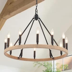 Calvin 12 Light Black Candle Style Farmhouse Dimmable Kitchen Island Round Wagon Wheel Chandelier for Kitchen Island