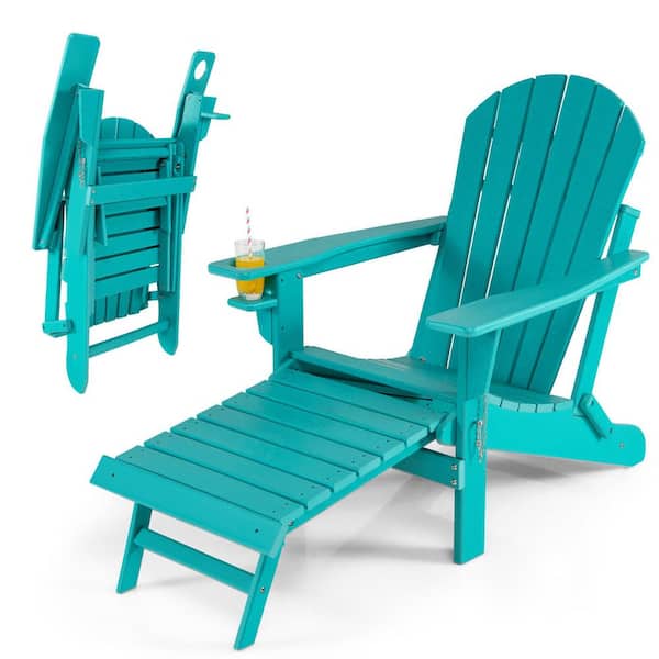 ANGELES HOME Classic Turquoise All-Weather Folding HDPE Adirondack Chair With Pull-Out Ottoman
