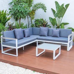 Chelsea White 3-Piece Aluminum Outdoor Patio Sectional Seating Set Adjustable Headrest & Table with Blue Cushions