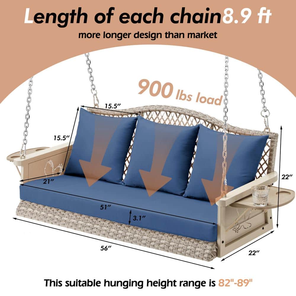Heavy Duty Gray Steel Porch Swing with Navy Blue Cushions