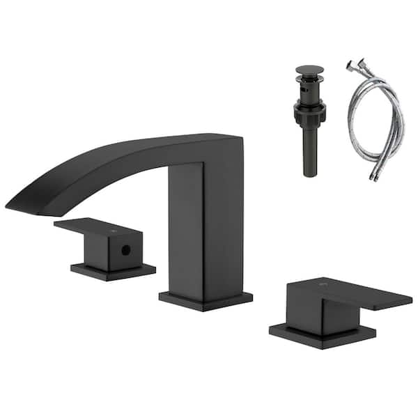 8 in. Widespread Double Handle Grille Shape Waterfall Spout Bathroom Sink Faucet with Pop Up Drain in Matte Black