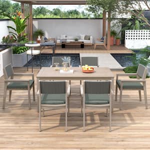 7-Piece Wood Outdoor Dining Set with Grayish Green Cushions