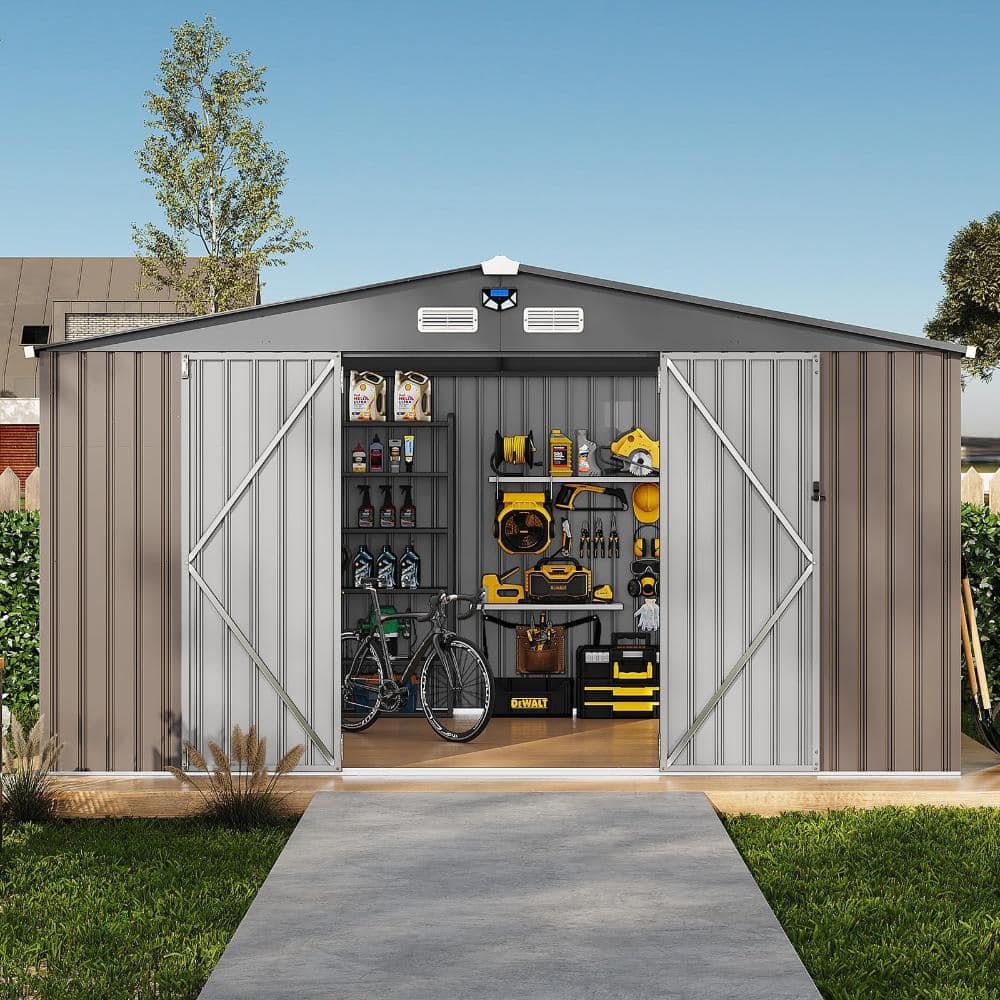 Heavy Duty Metal Outdoor Storage 10x12 FT  Lockable Doors, Windows, Sloped Roof, Solar Light, Weatherproof Brown price history on PriceWatchPro