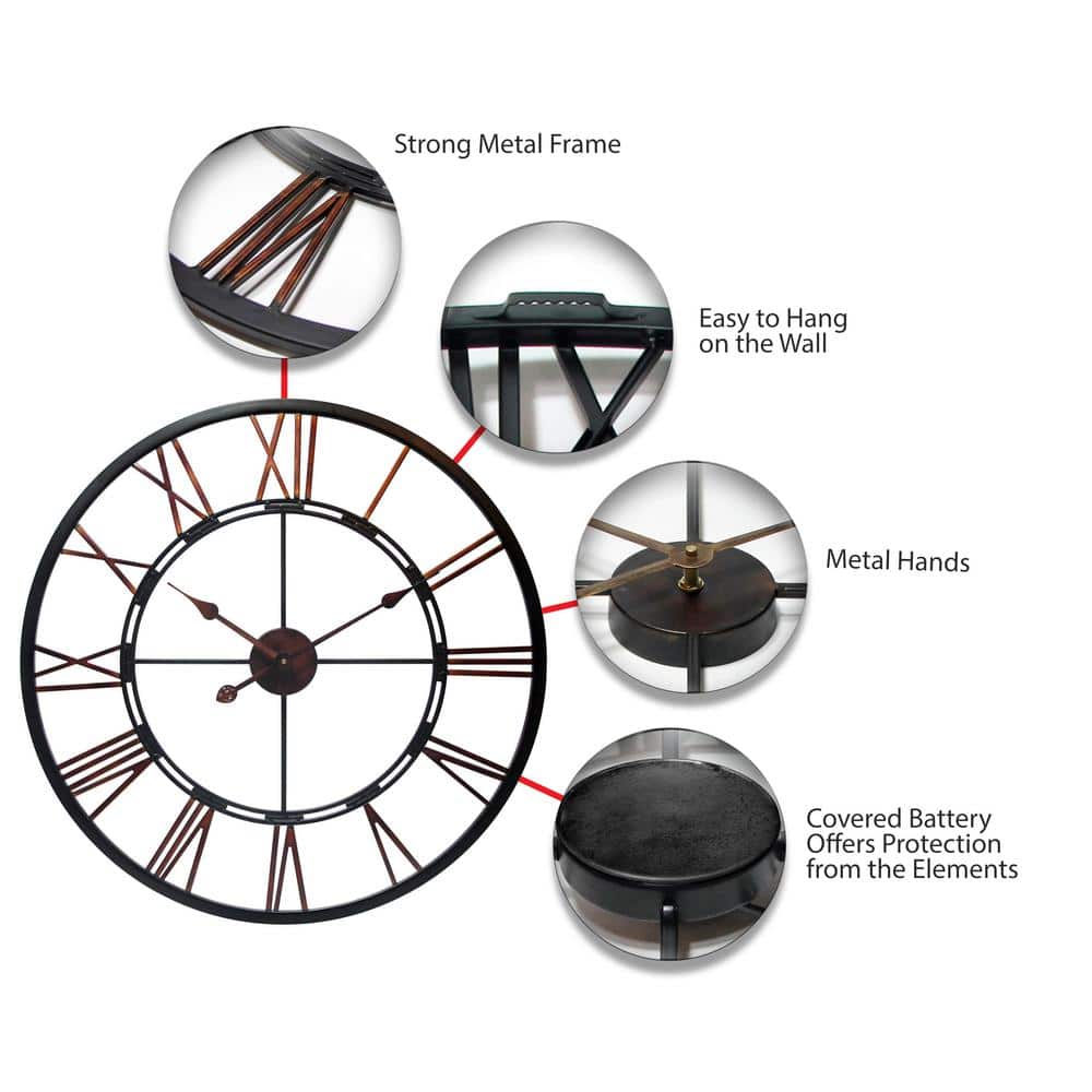 Oversized Bronze Metal Industrial Wall Clock with Cut Out Design
