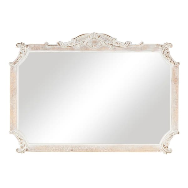 Litton Lane 30 in. x 43 in. Rectangle Frameless Cream Scroll Wall Mirror with Curved Corners and Brown Distressing