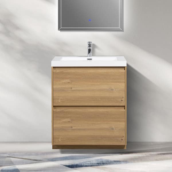 30 in. W x 20 in. D x 33 in. H Single Freestanding Vanity in Natural Oak with Solid Surface Sink Top in White