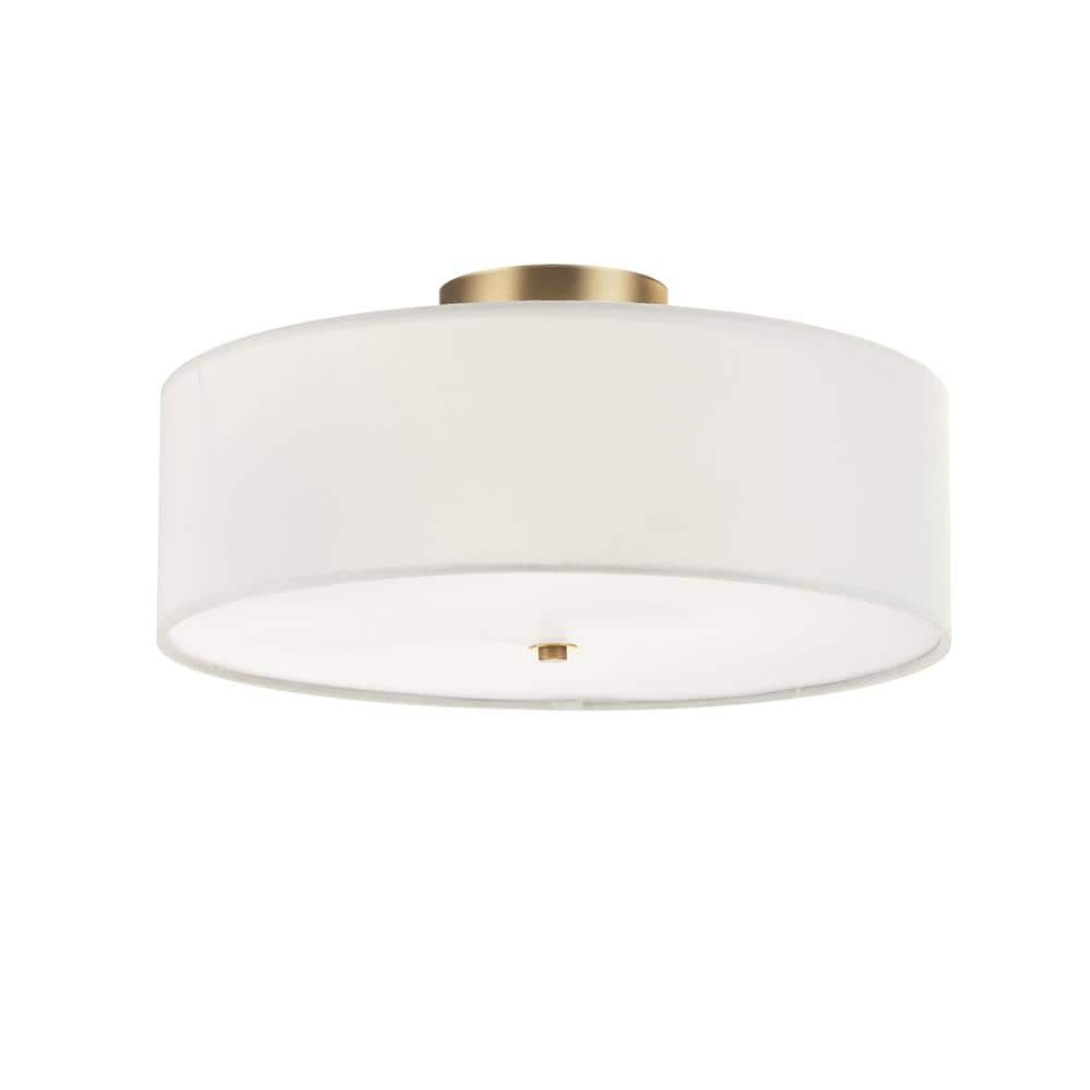 Kyle 15.9 in. 2-Light Matte Brass Semi-Flush Mount with White Linen Shade