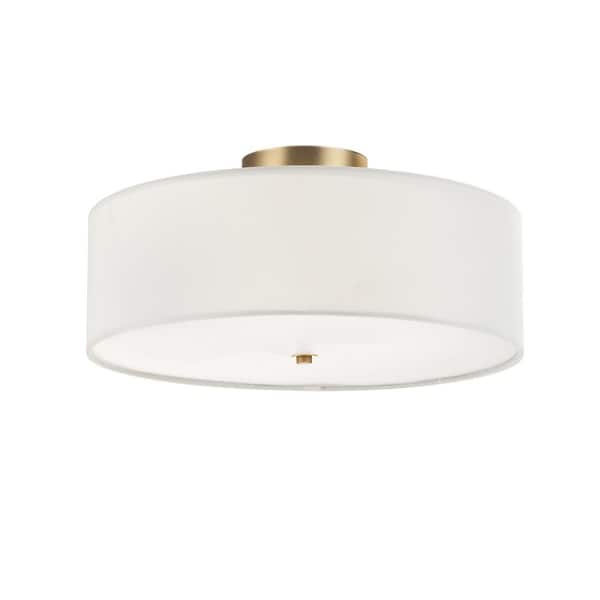 Globe Electric Kyle 15.9 in. 2-Light Matte Brass Semi-Flush Mount with White Linen Shade
