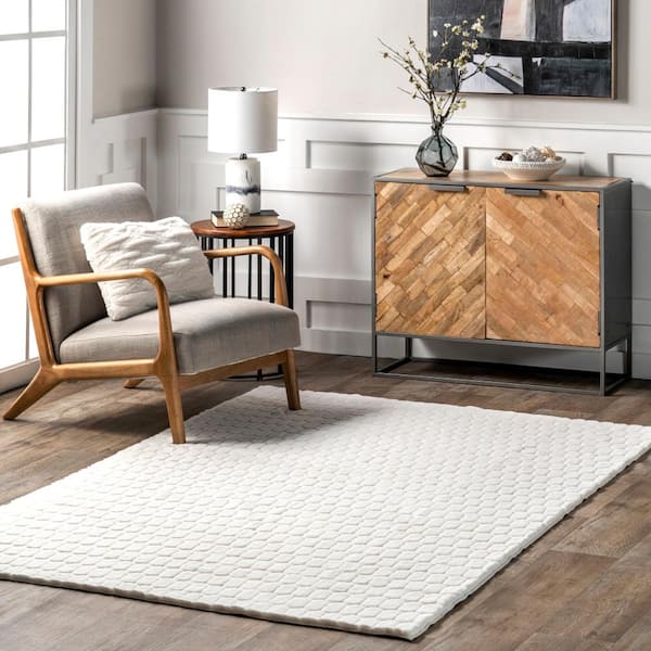 Nia Tile Faux Rabbit Machine Washable White 8 ft. x 10 ft. Area Rug