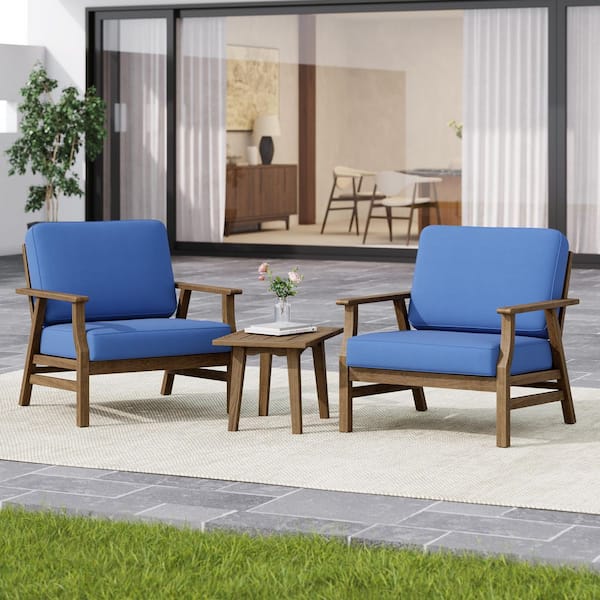 Brown Acacia Wood Outdoor Patio Lounge Chairs with Oxford Blue Cushions (Set of 2)