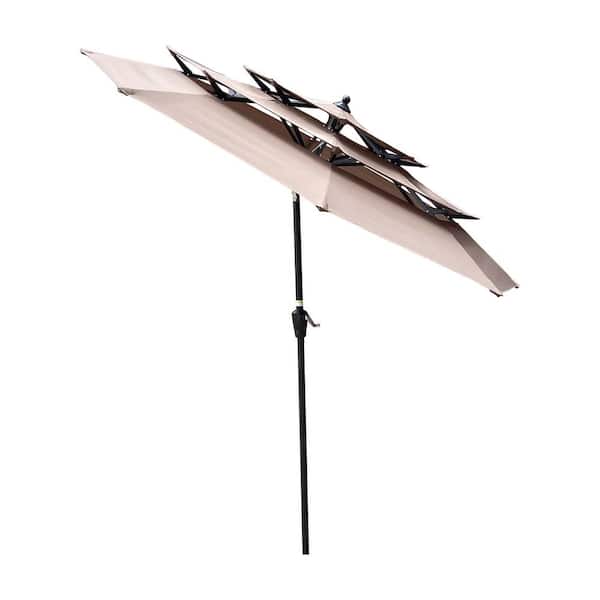 Zeus & Ruta 9 ft. 3-Tiers Steel Outdoor Patio Umbrella with Crank and tilt and Wind Vents for Deck Backyard Pool Shade in Mushroom