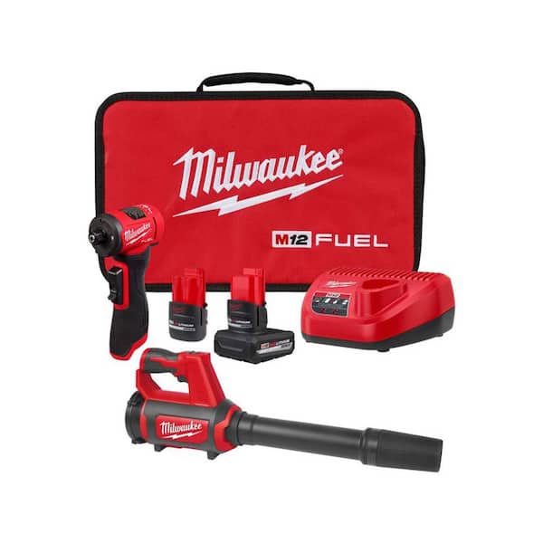 Milwaukee M12 FUEL 12V Lithium-Ion Brushless Cordless 1/4 in. Right Angle Die Grinder with M12 Cordless Compact Spot Blower