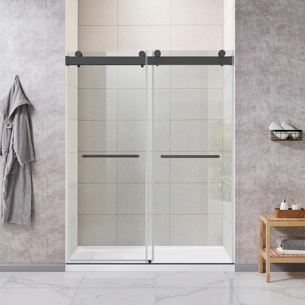 60" Matte Black Frameless Double Sliding Shower Door with Clear Glass