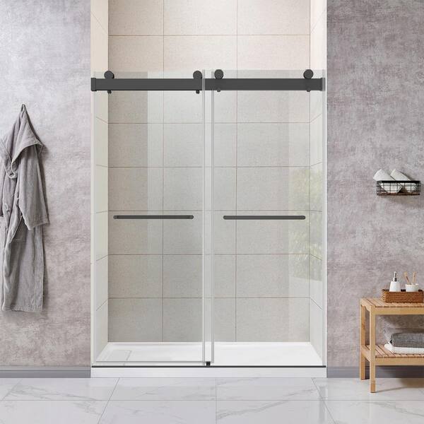 ANGELES HOME 56 to 60 in. W x 76 in. H Double Sliding Frameless Shower Door, Soft-Close, 3/8 (10mm) Tempered Glass in Matte Black