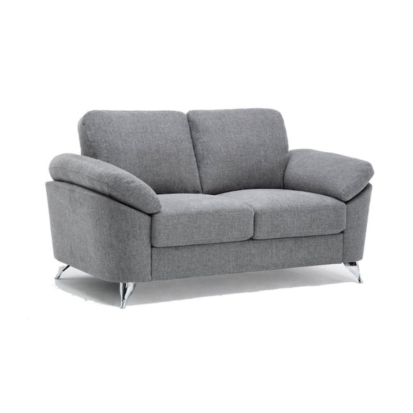 Benjara 34.25 in. Gray and Silver Solid Polyester 2-Seater Loveseat with Sloped Pillow Top Arms and Metal Legs