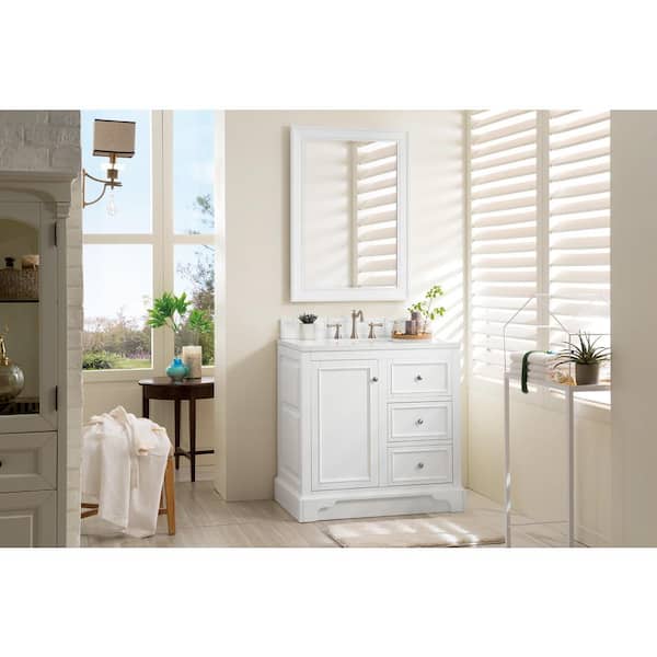 James Martin Vanities De Soto 37.3 in. W x 23.5 in.D x 36.3 in.H Single Bath Vanity in Bright White w/ Solid Surface Vanity Top in Arctic Fall