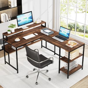 Perry 59 in. L-Shaped Rustic Brown Wood Computer Desk with Storage Shelves