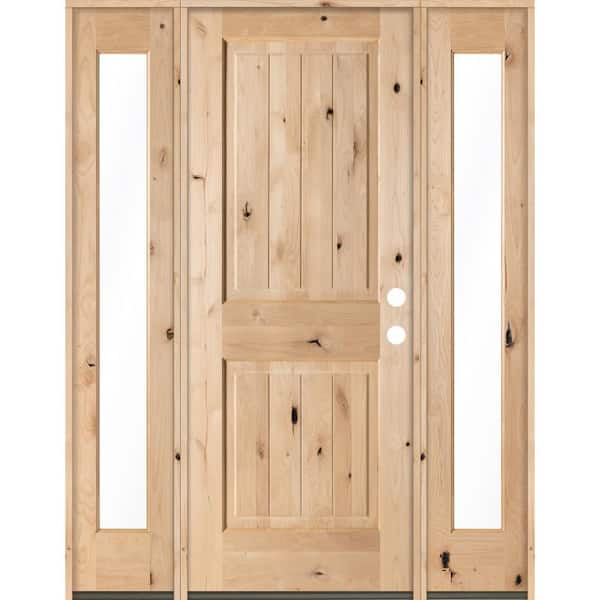 Krosswood Doors 60 in. x 80 in. Rustic Unfinished Knotty Alder Sq-Top VG Wood Left-Hand Full Sidelites Clear Glass Prehung Front Door