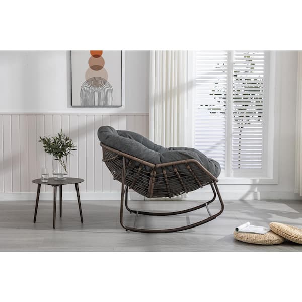 Brown Steel Metal Rattan Outdoor Rocking Chair with Grey Padded
