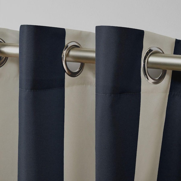 Canopy Stripe Navy / Sand Stripe Light Filtering Grommet Top Indoor/Outdoor Curtain, 54 in. W x 84 in. L (Set of 2)