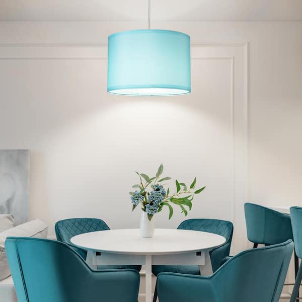 15 ft. 1-Light Beige Plug in Pendant Light with Clear Cord and Blue Lampshade, On/Off Switch