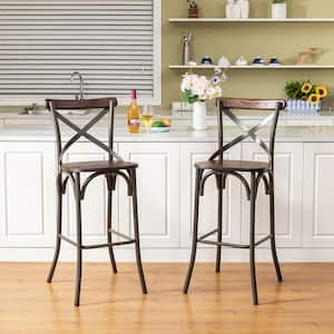 43.00 in. H Rustic Steel Brown Bar Stool with Solid Elm Wood Seat and Back Support, (Set of 2)