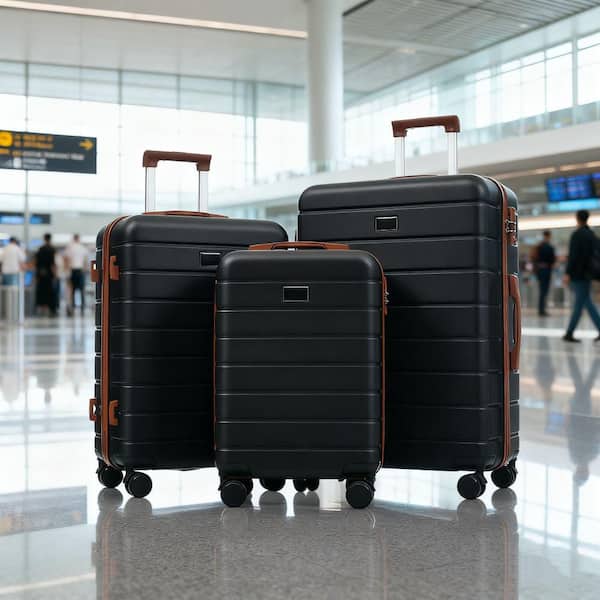 3 Bags 3-Piece Black and Brown ABS Hardshell Spinner Luggage Set with TSA Lock, 360° Spinner Wheels