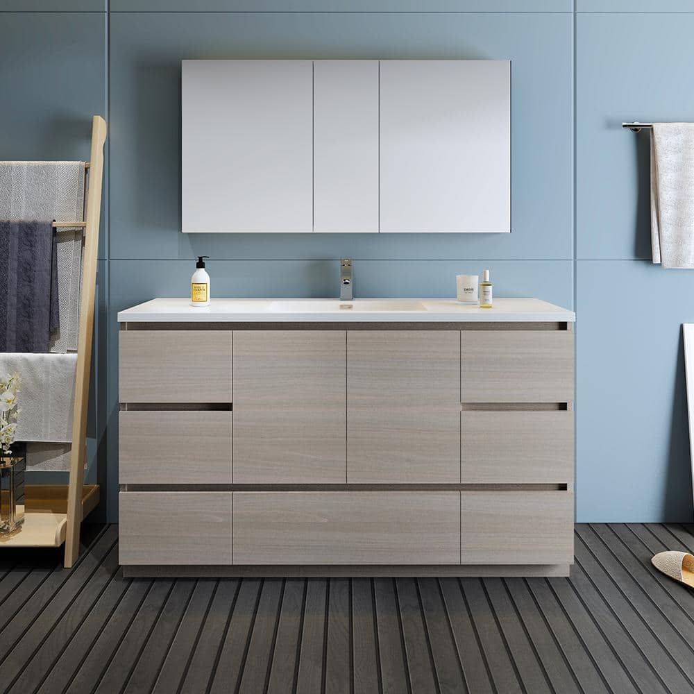Modern 59'' Gray Acrylic Single Sink Vanity Set with Medicine Cabinet