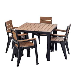 Madeira 5-Piece Black and Teak Brown Indoor and Outdoor 4-Seat Square Table and 4 Arm Chair Set