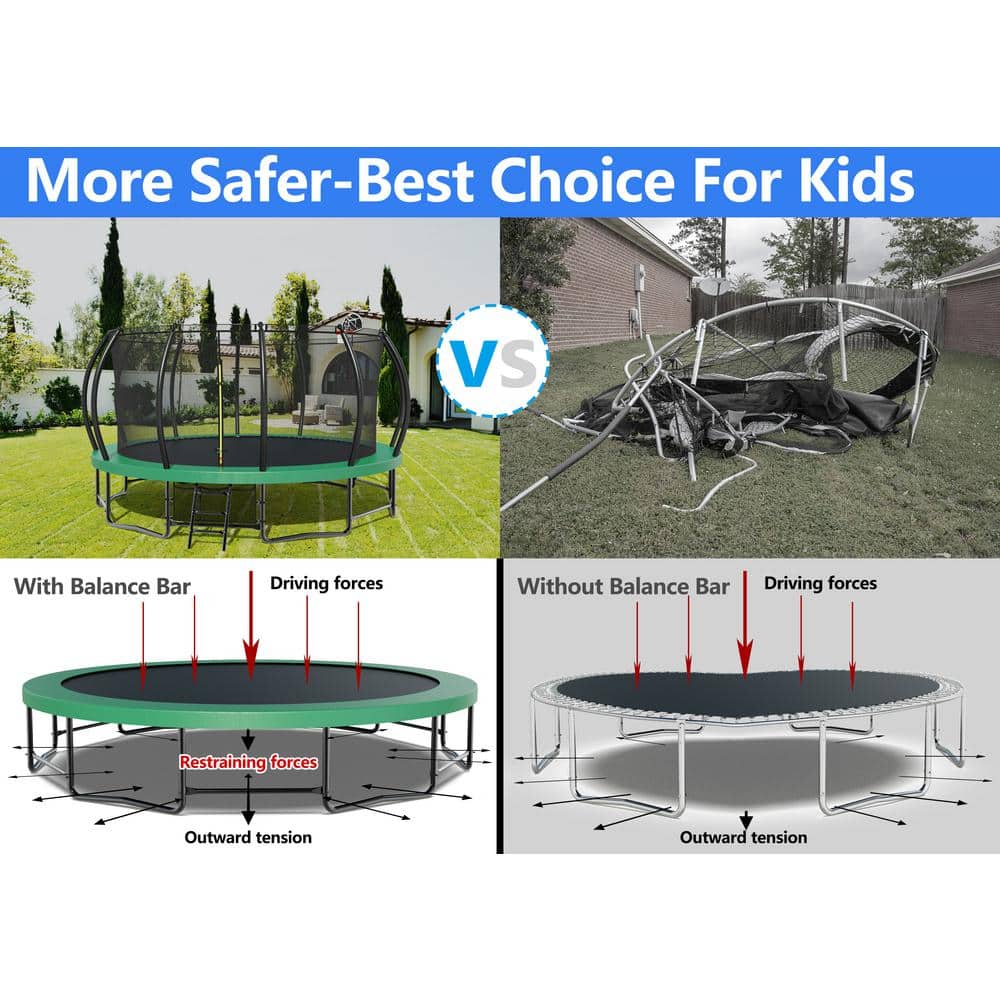 15FT Black and Green Round Trampoline with Enclosure Net and Ladder