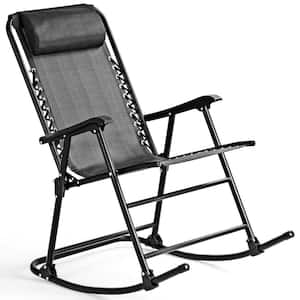 Metal Folding Single High Back Outdoor Rocking Chair with Gray Cushioned Headrest