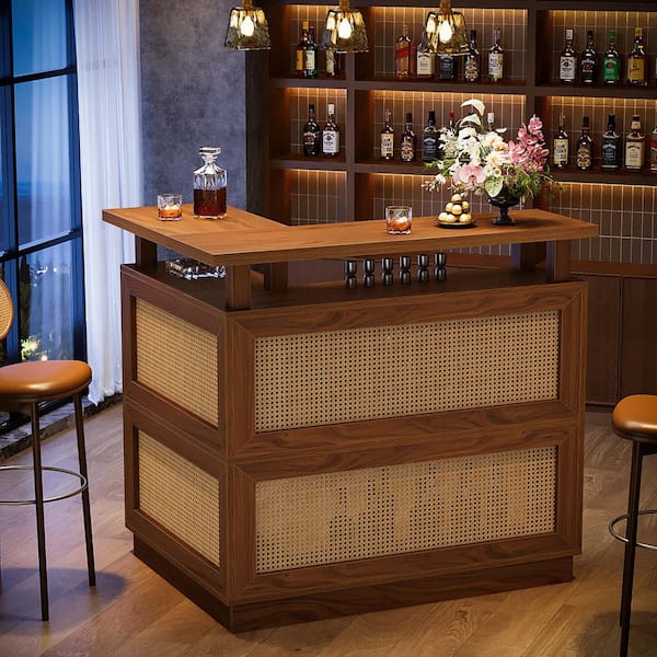 Kearsten Brown L-Shaped 43.3 in. W Home Bar Unit, Rattan Liquor Bar Table with Storage Shelves and Stemware Holder